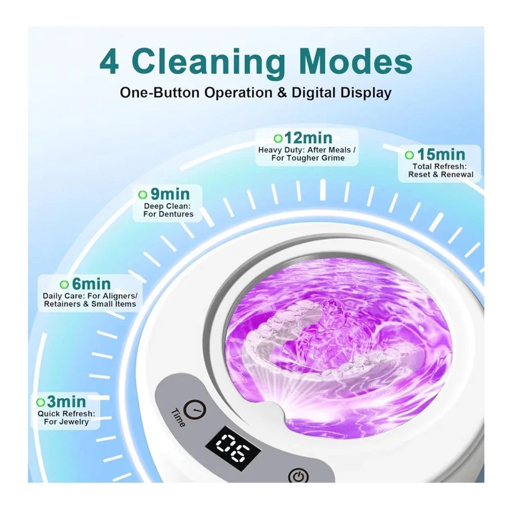 Ultrasonic Retainer Cleaner UV Light Sterilizer 49kHz Dental Jewelry 200ml White